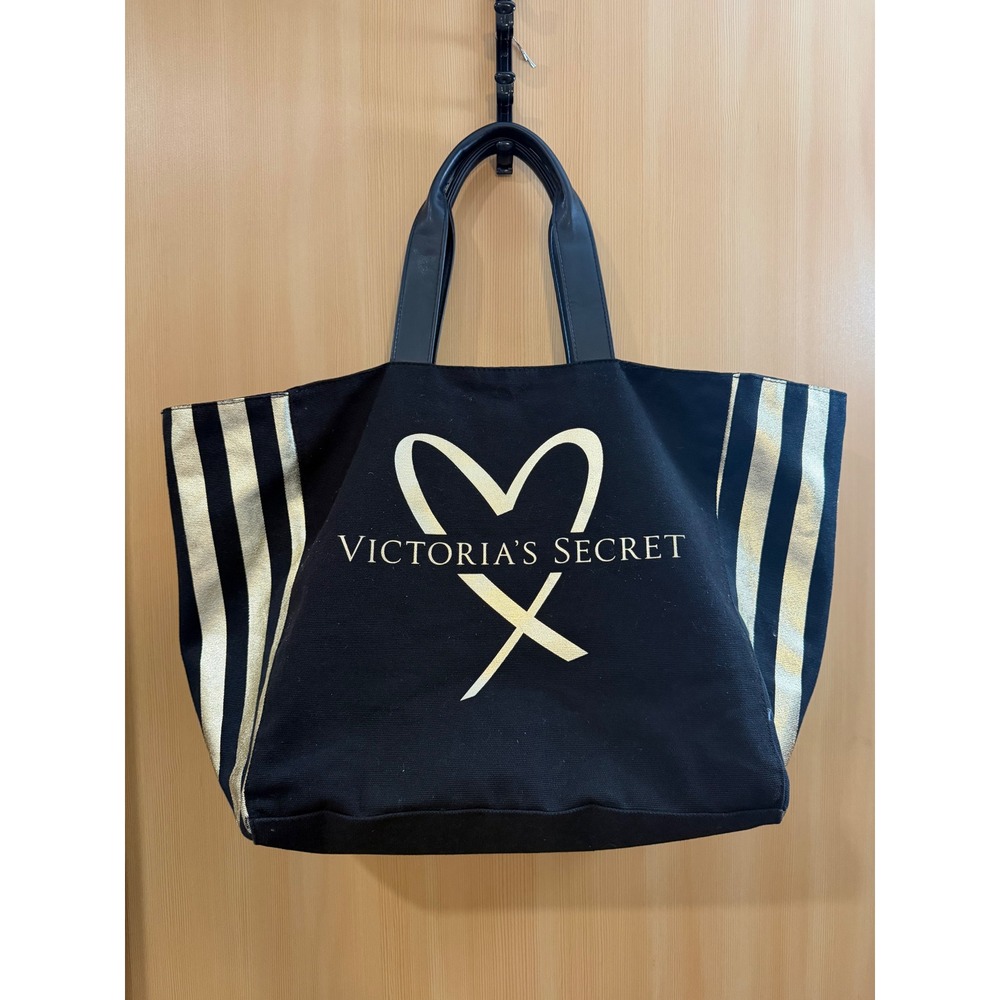 Victorias Secret Black Gold Canvas Tote Bag Heart Logo Metallic Stripe Travel